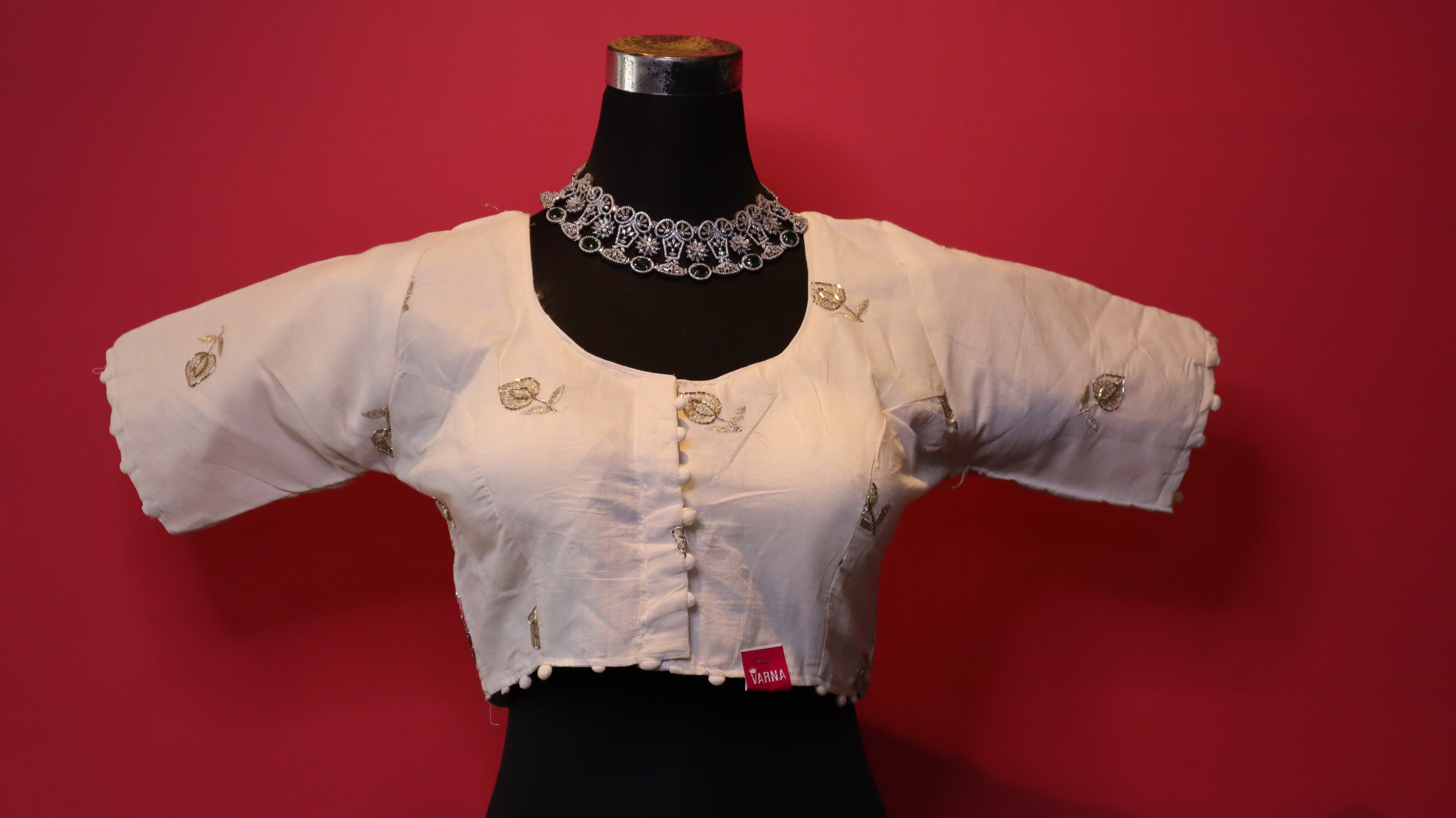 Women's Ivory Floral Embroidered Readymade Blouse – Elbow Sleeve