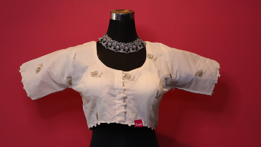 Women's Ivory Floral Embroidered Readymade Blouse – Elbow Sleeve