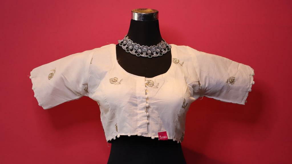 Women's Ivory Floral Embroidered Readymade Blouse – Elbow Sleeve