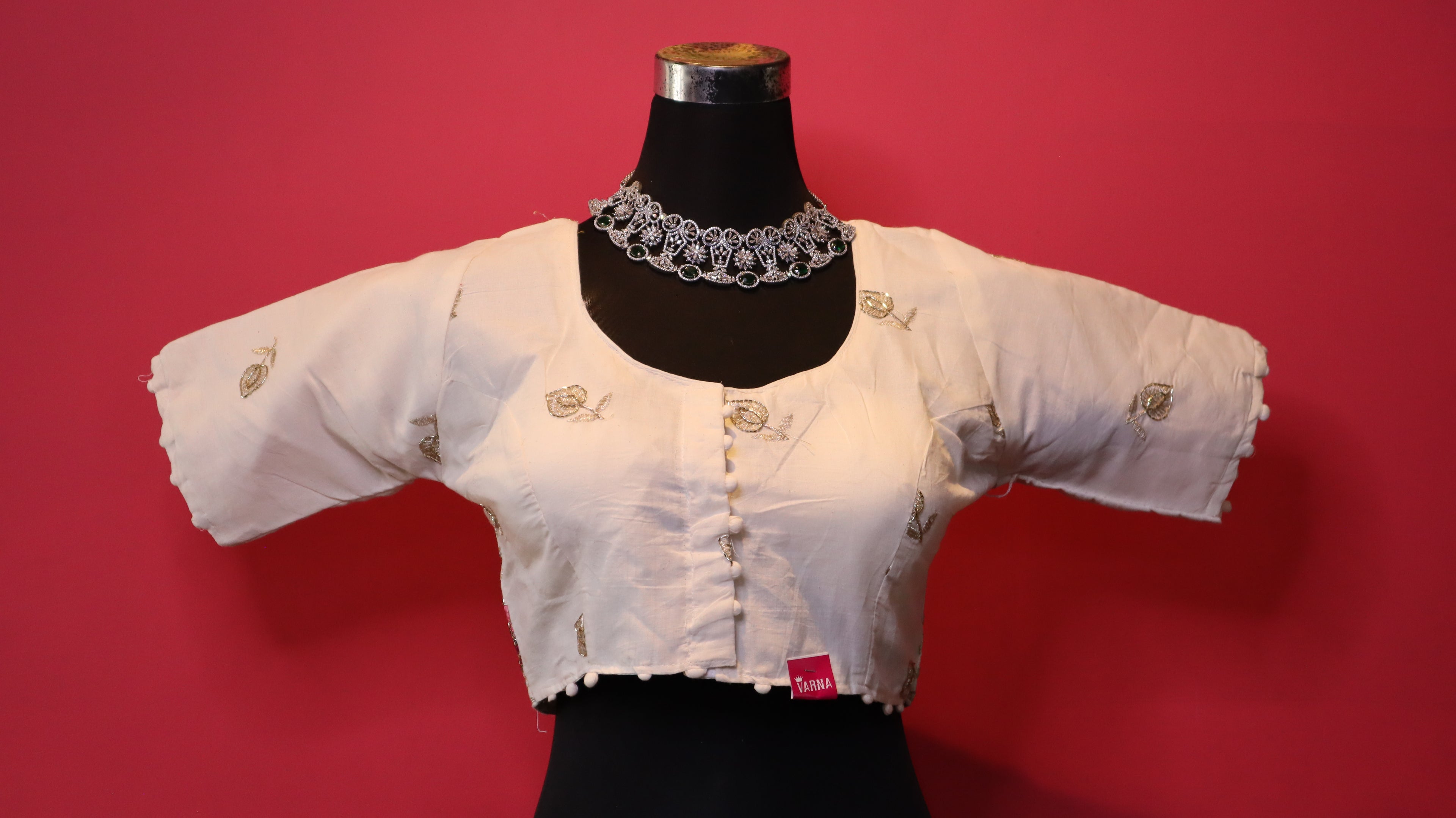 Women's Ivory Floral Embroidered Readymade Blouse – Elbow Sleeve