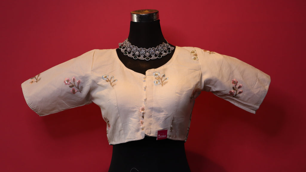 Women's Ivory Floral Embroidered Readymade Blouse – Elbow Sleeve