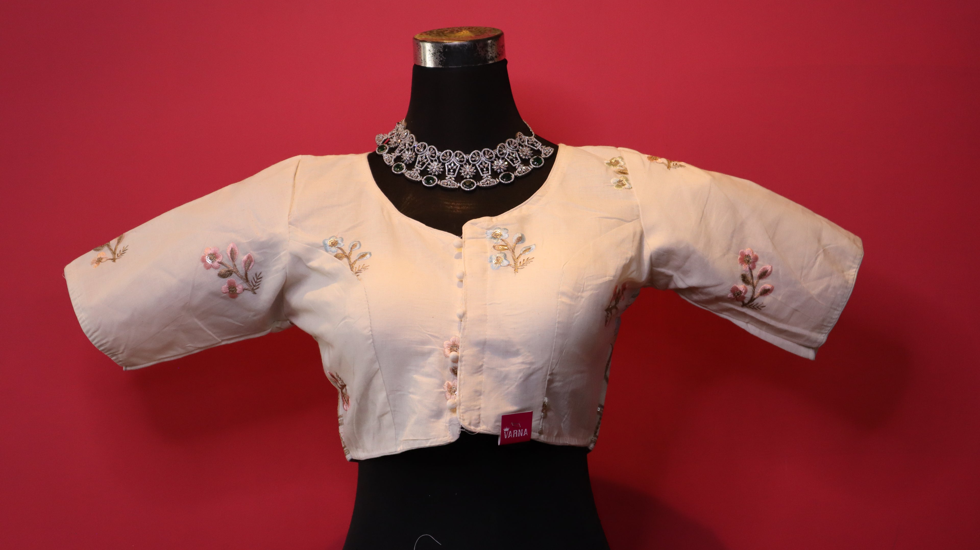 Women's Ivory Floral Embroidered Readymade Blouse – Elbow Sleeve