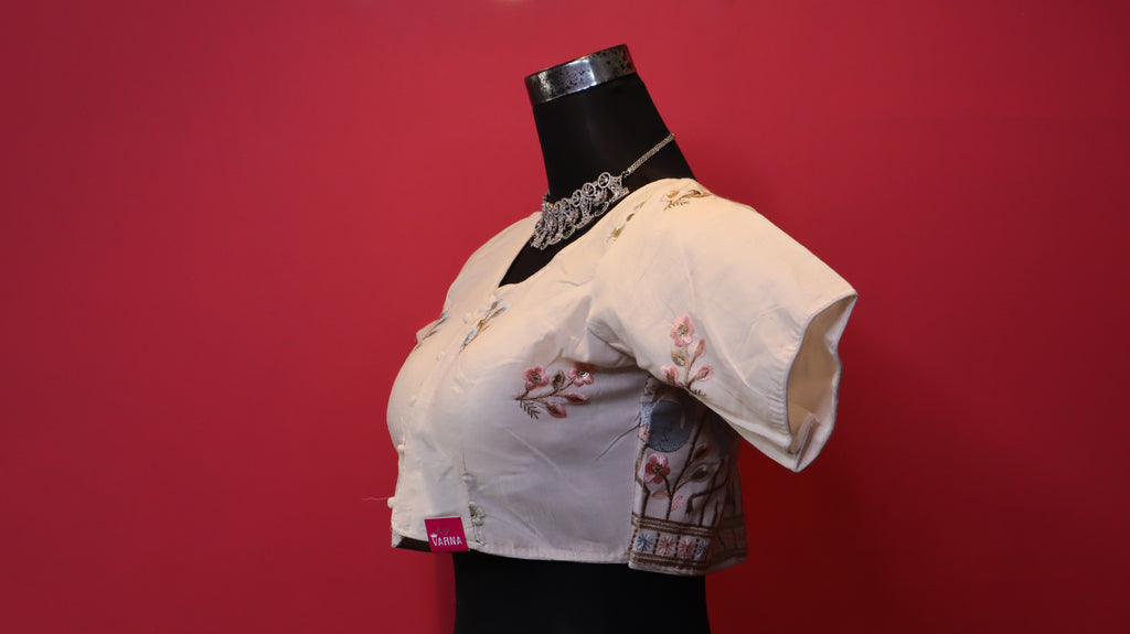 Women's Ivory Floral Embroidered Readymade Blouse – Elbow Sleeve