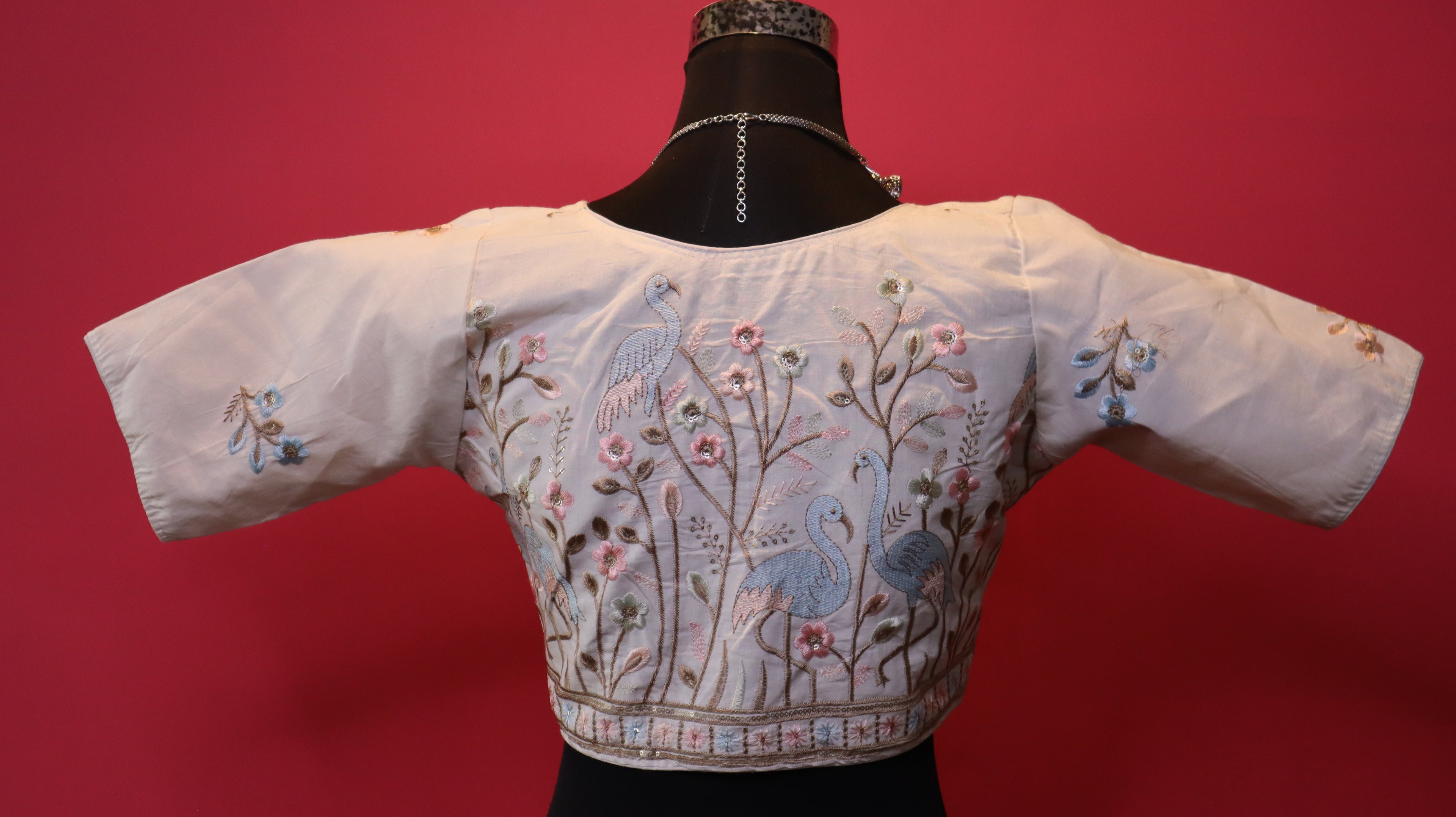 Women's Ivory Bird & Floral Embroidered Readymade Blouse – Elbow Sleeve