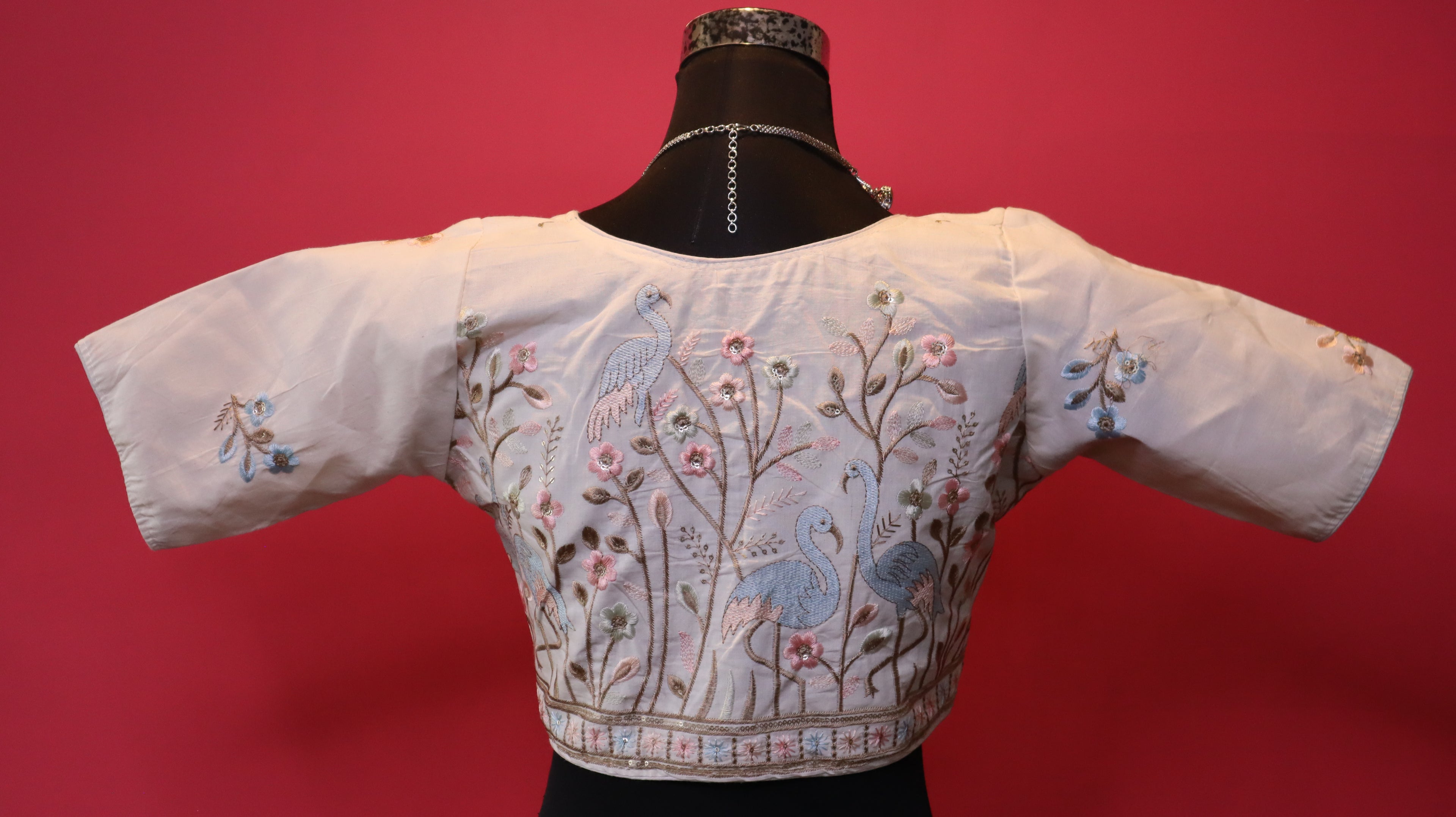 Women's Ivory Bird & Floral Embroidered Readymade Blouse – Elbow Sleeve