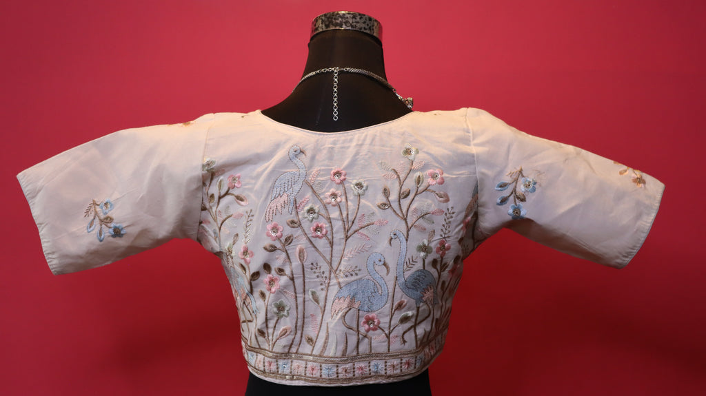 Women's Ivory Bird & Floral Embroidered Readymade Blouse – Elbow Sleeve