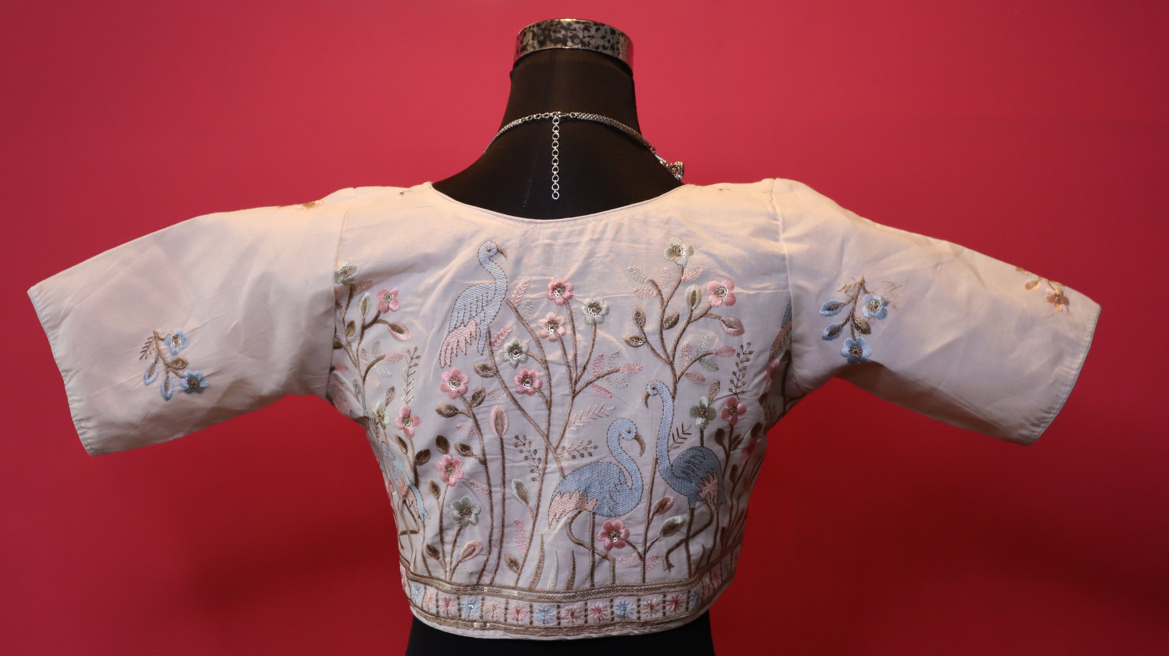 Women's Ivory Bird & Floral Embroidered Readymade Blouse – Elbow Sleeve