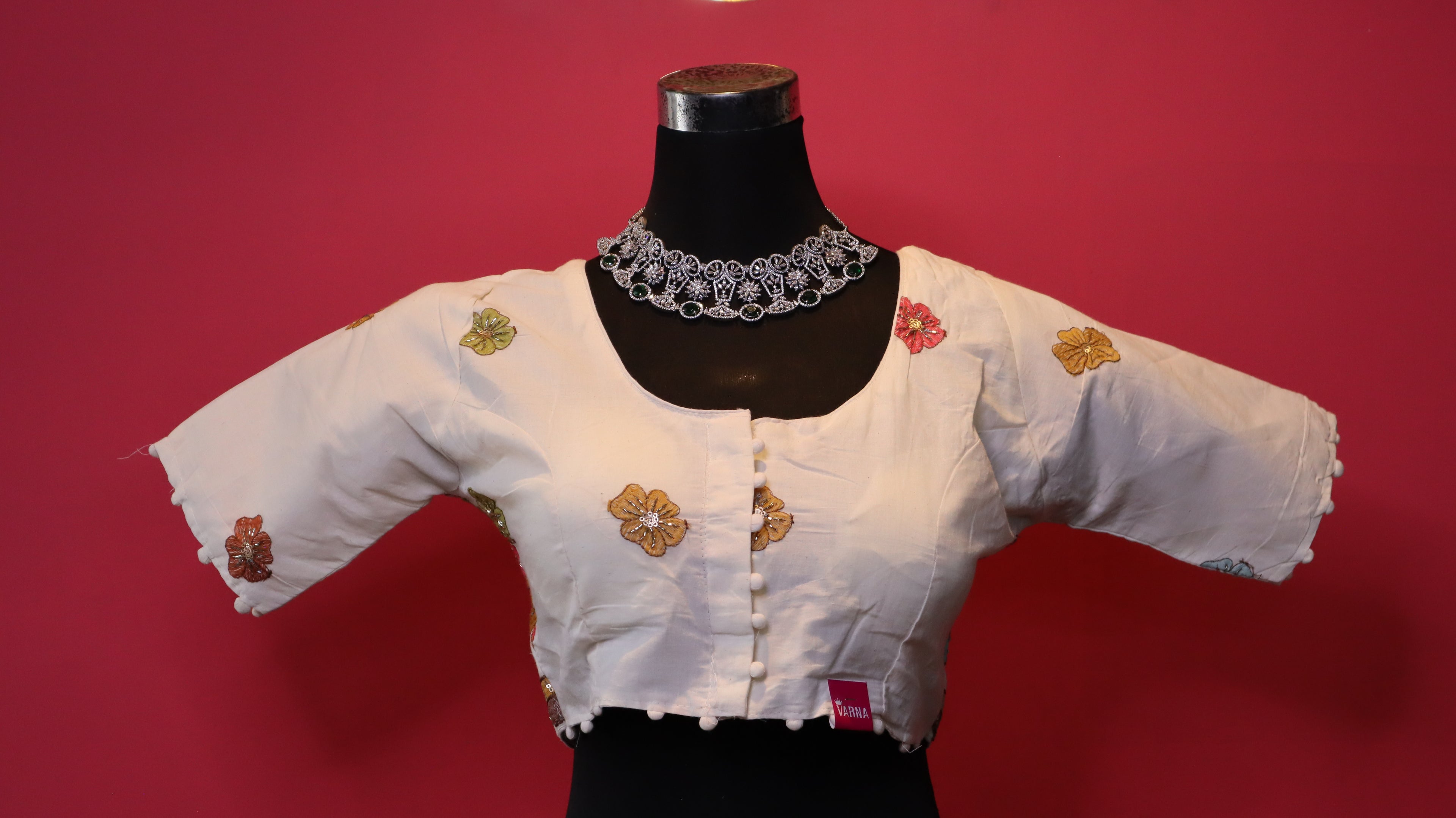 Women's Ivory Floral Embroidered Readymade Blouse – Elbow Sleeve
