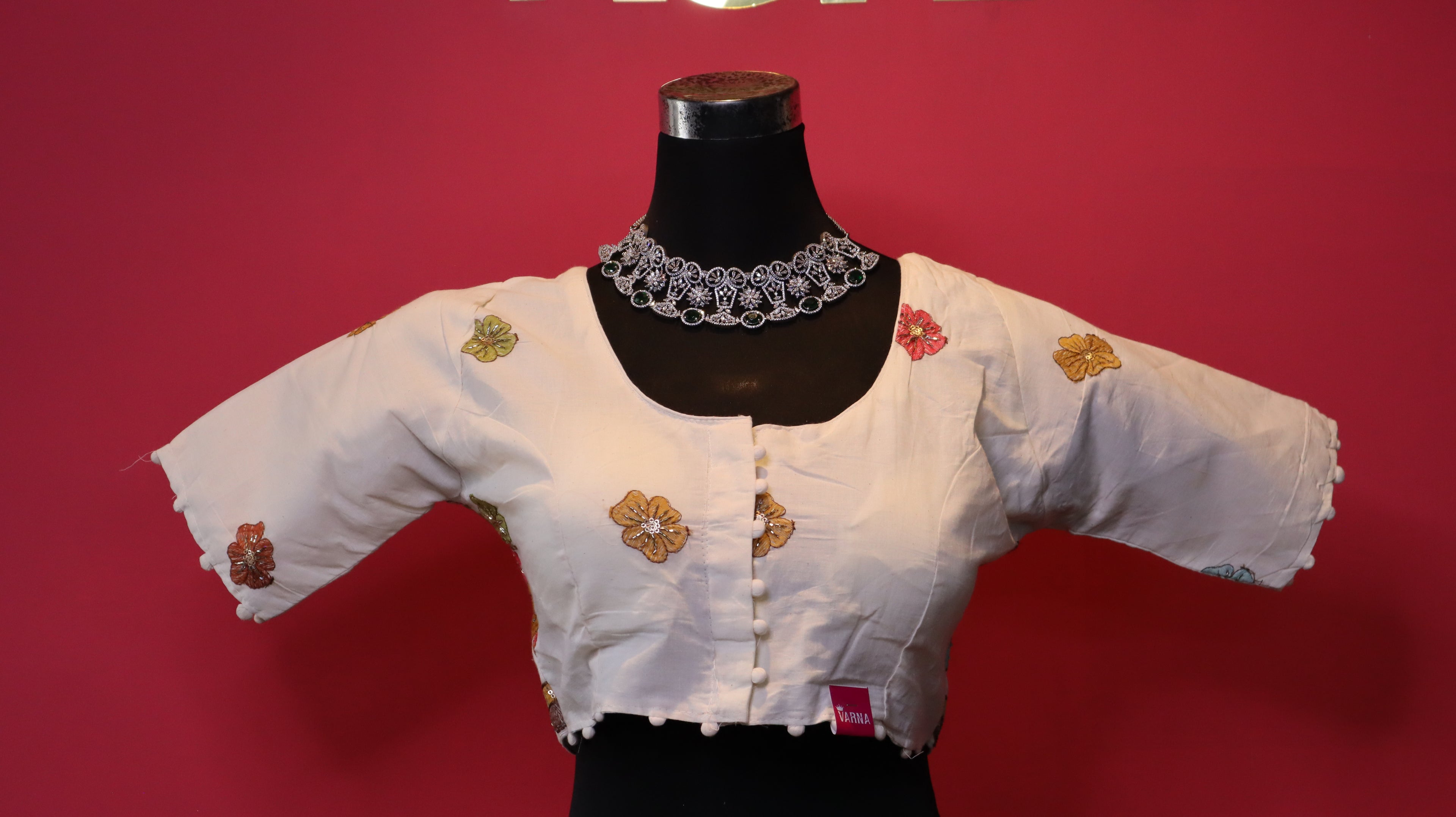Women's Ivory Floral Embroidered Readymade Blouse – Elbow Sleeve