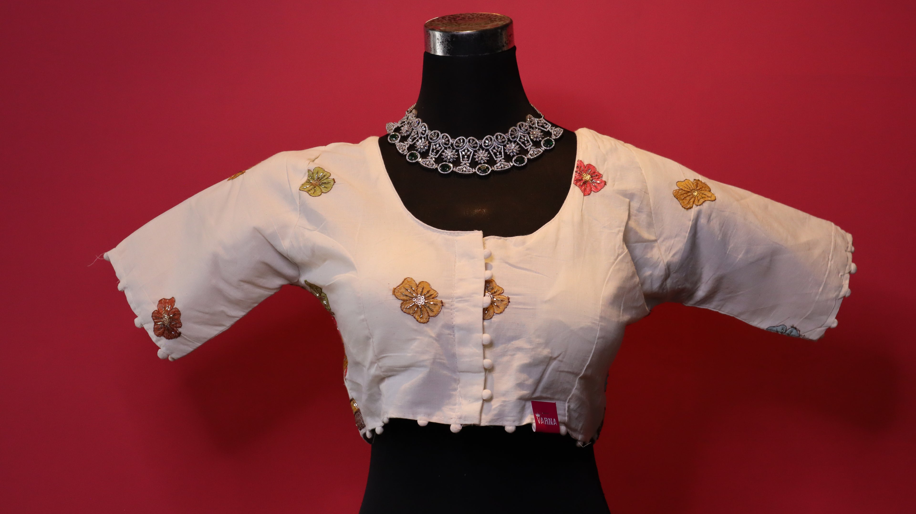 Women's Ivory Floral Embroidered Readymade Blouse – Elbow Sleeve