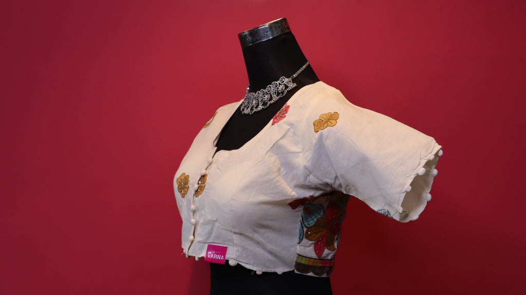 Women's Ivory Floral Embroidered Readymade Blouse – Elbow Sleeve