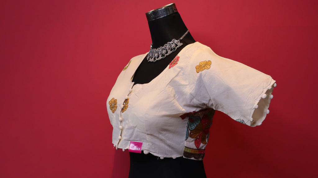 Women's Ivory Floral Embroidered Readymade Blouse – Elbow Sleeve