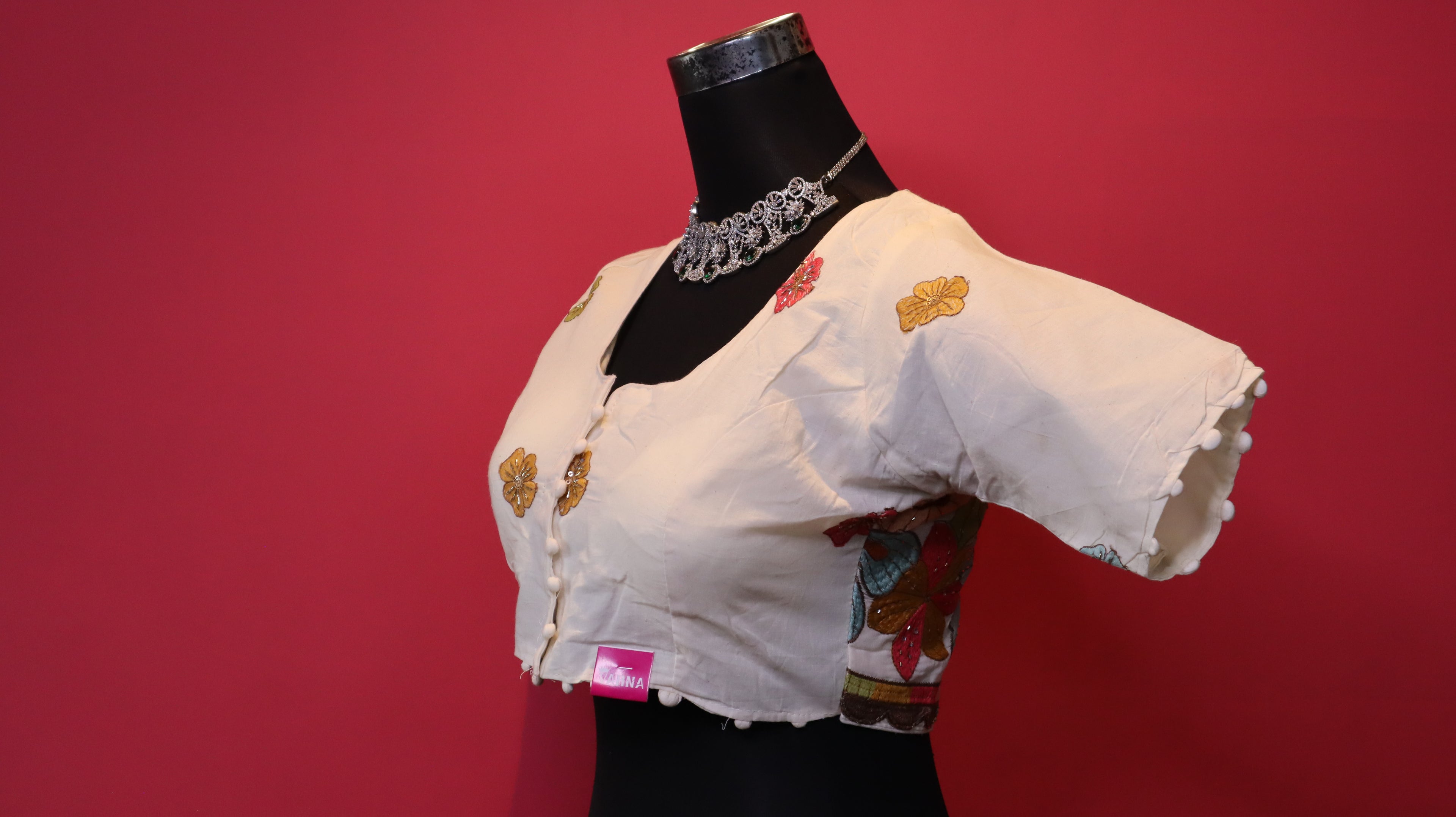 Women's Ivory Floral Embroidered Readymade Blouse – Elbow Sleeve