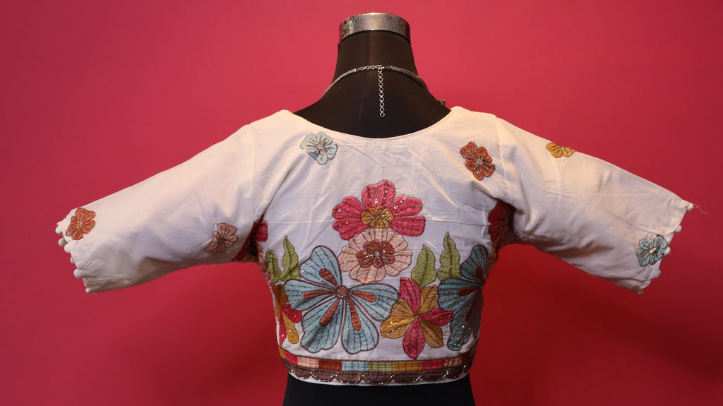 Women's Ivory Floral Embroidered Readymade Blouse – Elbow Sleeve
