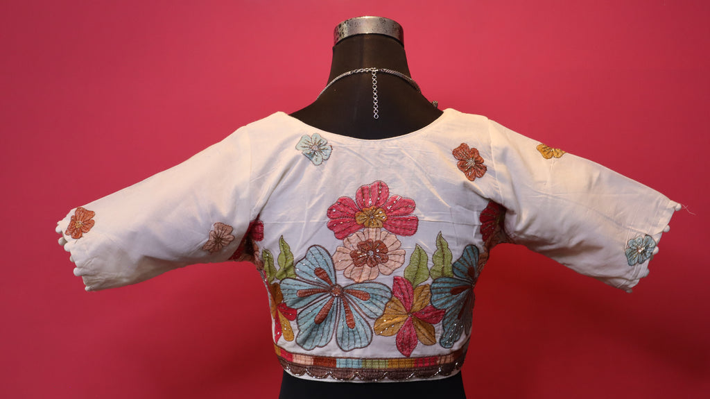 Women's Ivory Floral Embroidered Readymade Blouse – Elbow Sleeve