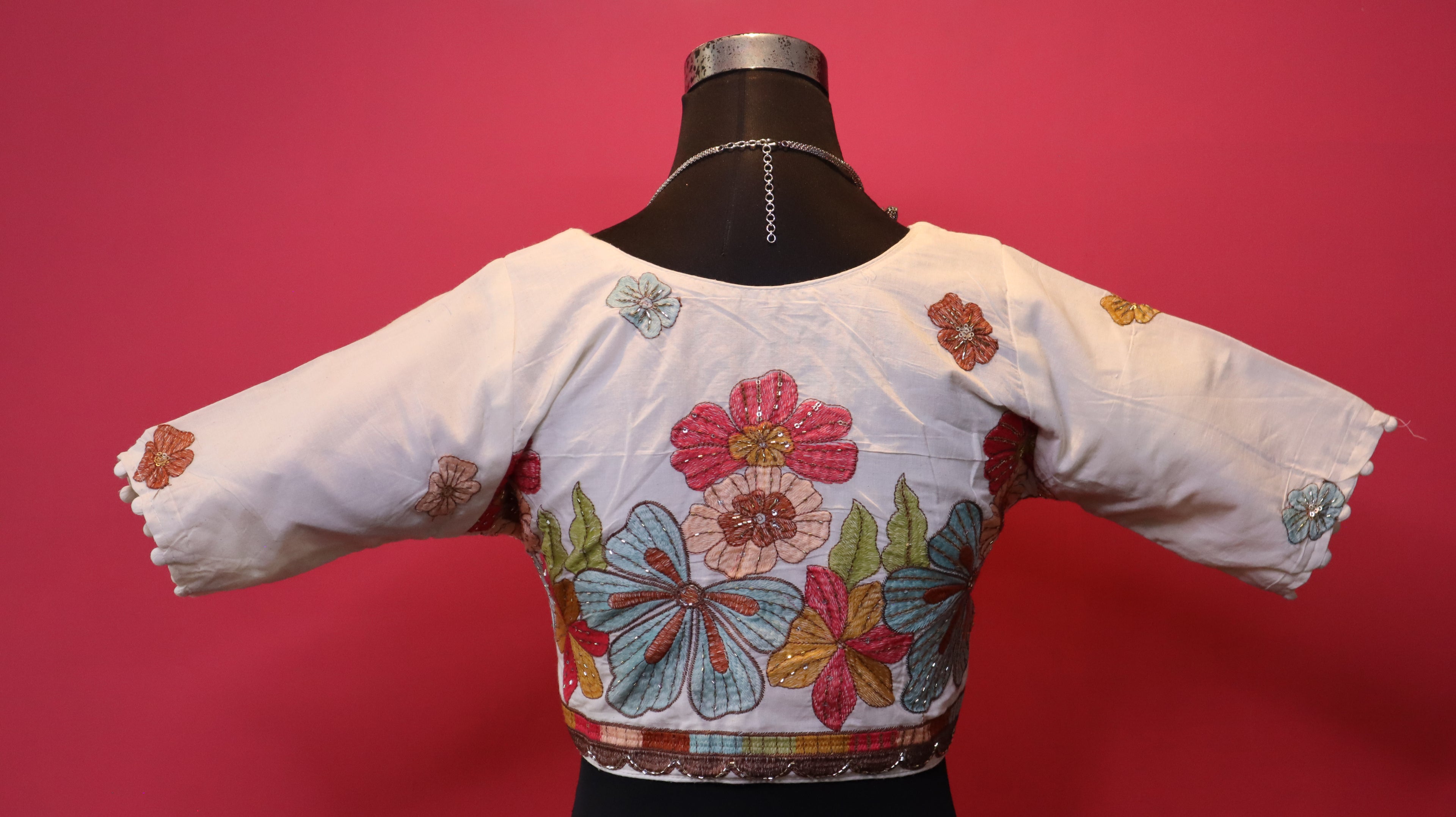 Women's Ivory Floral Embroidered Readymade Blouse – Elbow Sleeve