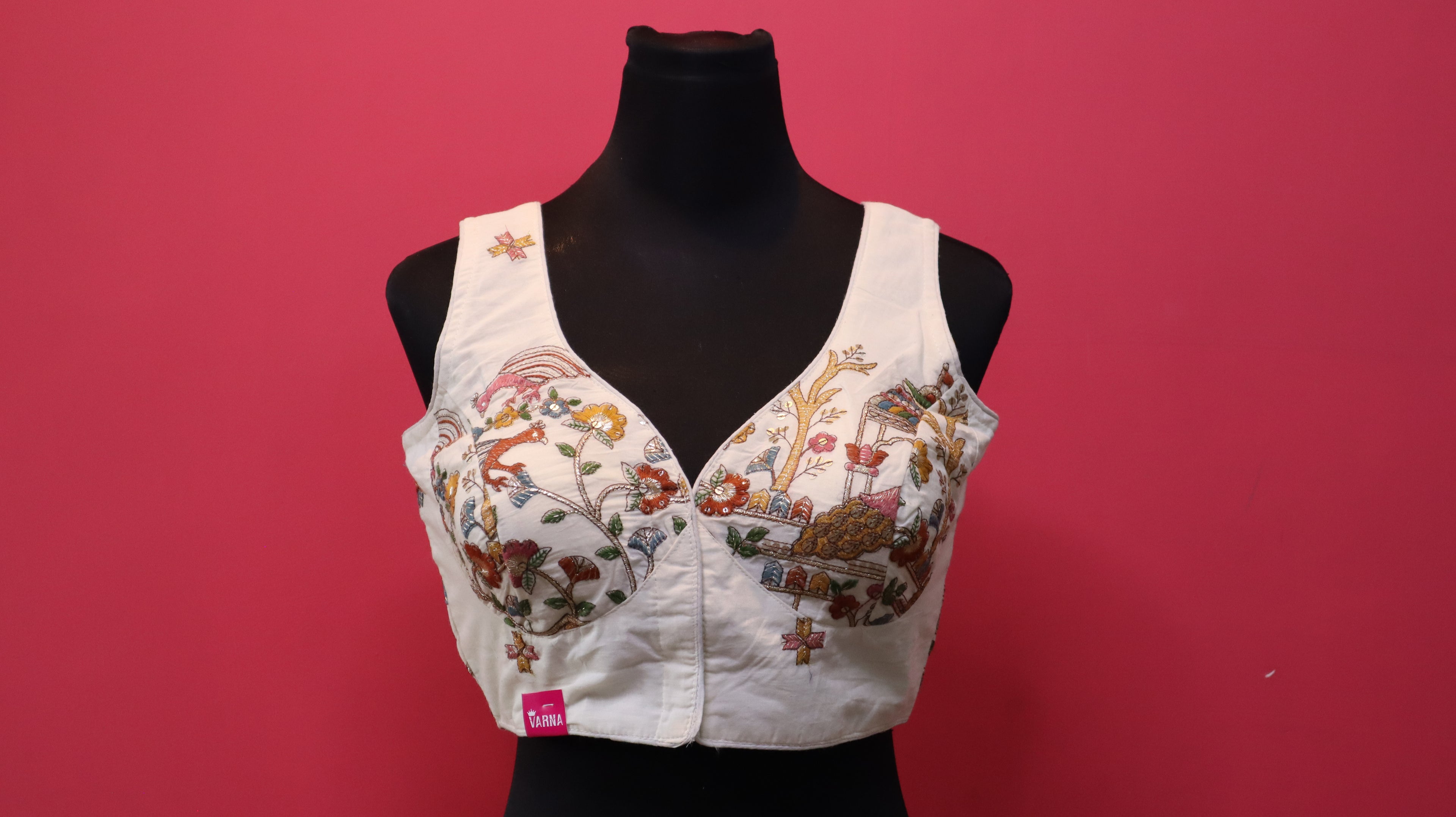 Women's Ivory Peacock & Palace Embroidered Readymade Blouse – Sleeveless