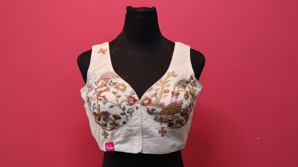 Women's Ivory Peacock & Palace Embroidered Readymade Blouse – Sleeveless