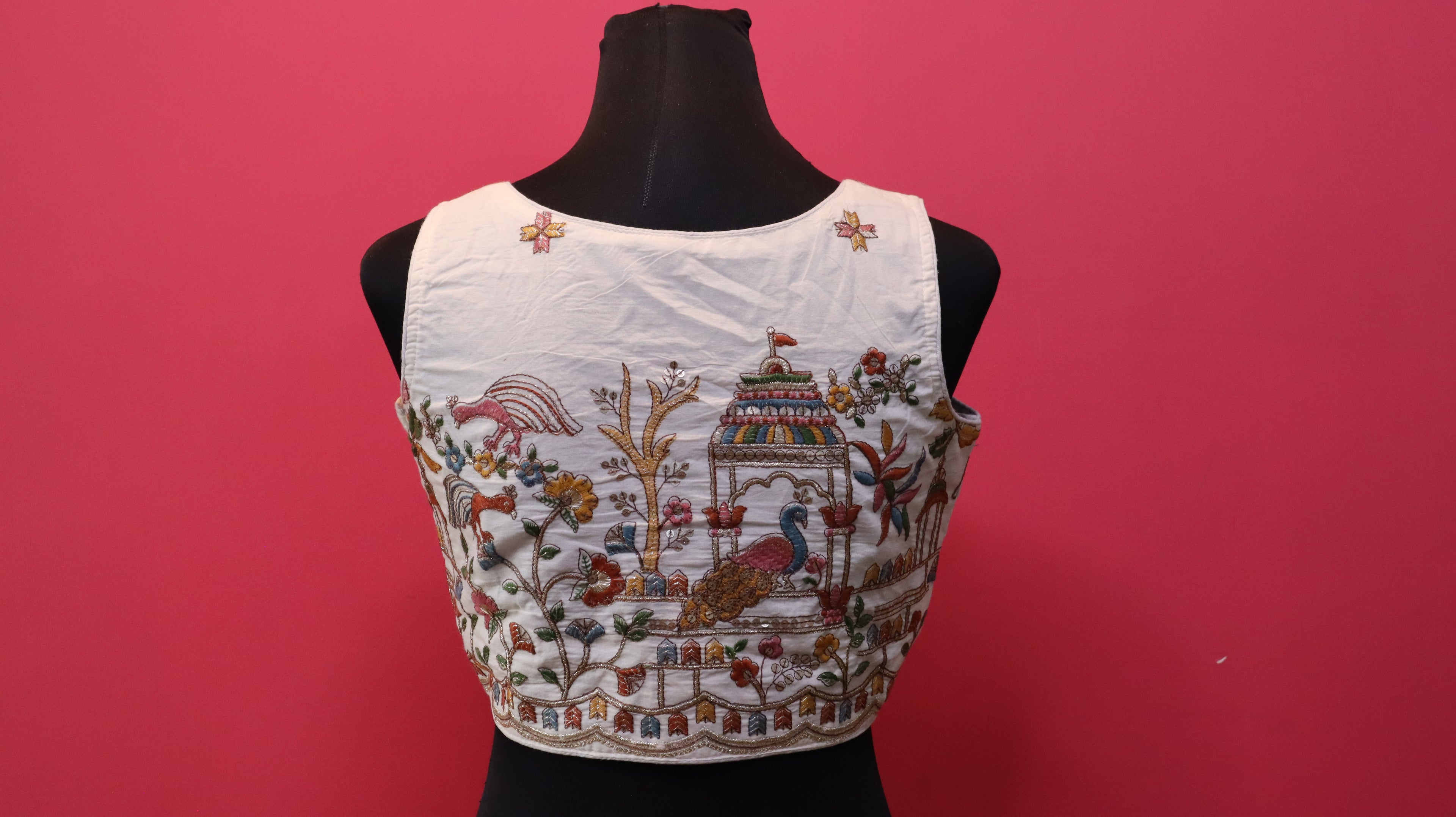 Women's Ivory Peacock & Palace Embroidered Readymade Blouse – Sleeveless