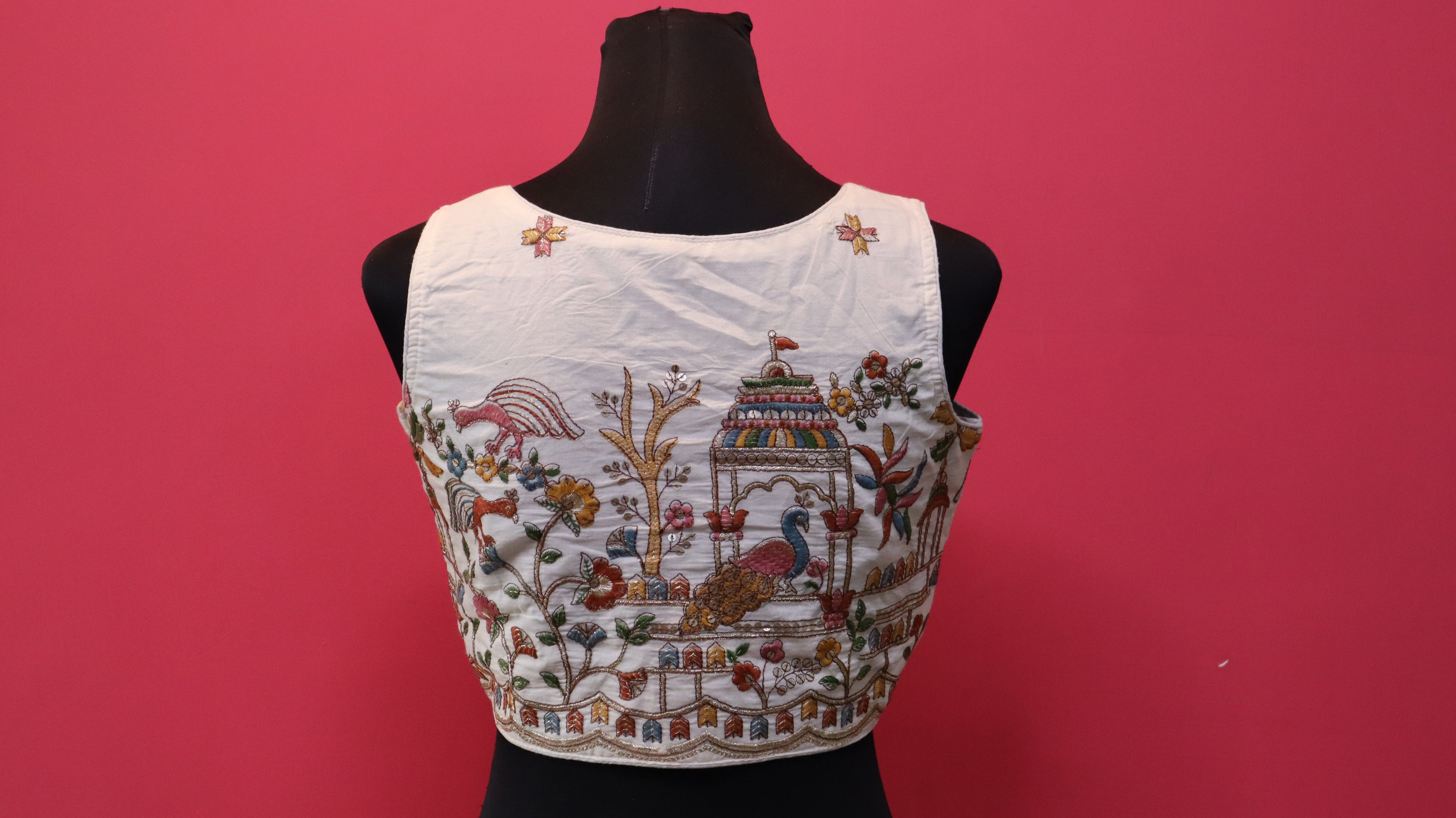 Women's Ivory Peacock & Palace Embroidered Readymade Blouse – Sleeveless