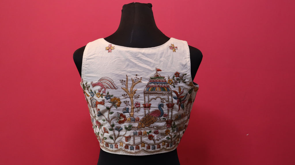 Women's Ivory Peacock & Palace Embroidered Readymade Blouse – Sleeveless
