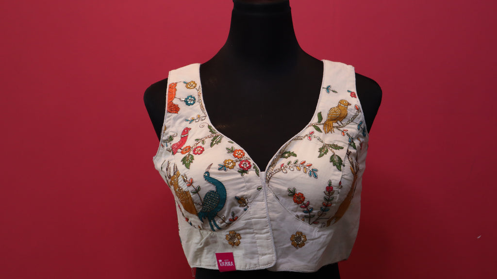 Women's Ivory Forest & Wildlife Embroidered Readymade Blouse – Sleeveless