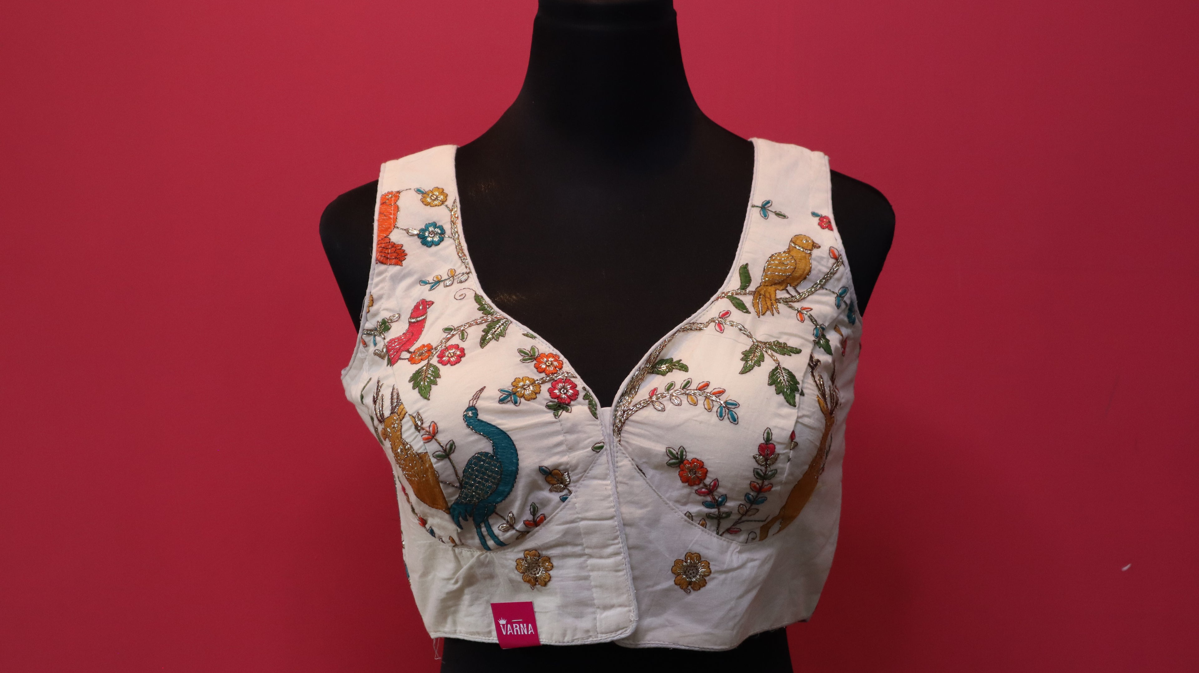 Women's Ivory Forest & Wildlife Embroidered Readymade Blouse – Sleeveless