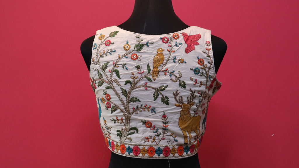 Women's Ivory Forest & Wildlife Embroidered Readymade Blouse – Sleeveless
