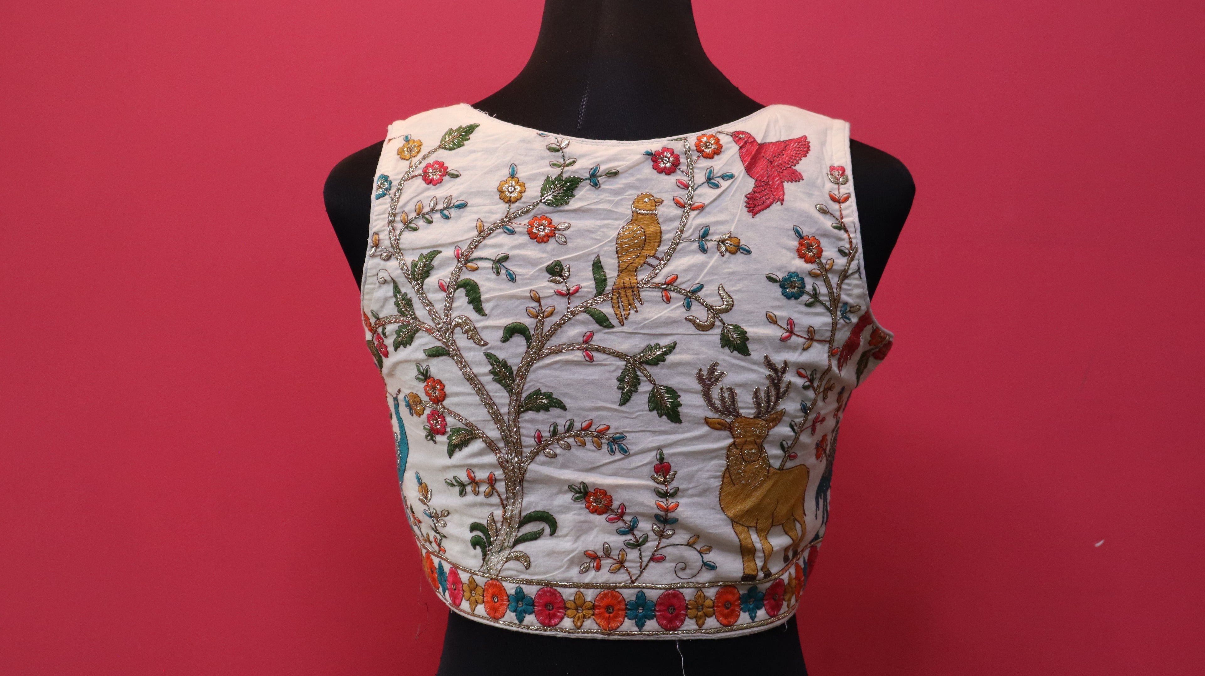 Women's Ivory Forest & Wildlife Embroidered Readymade Blouse – Sleeveless