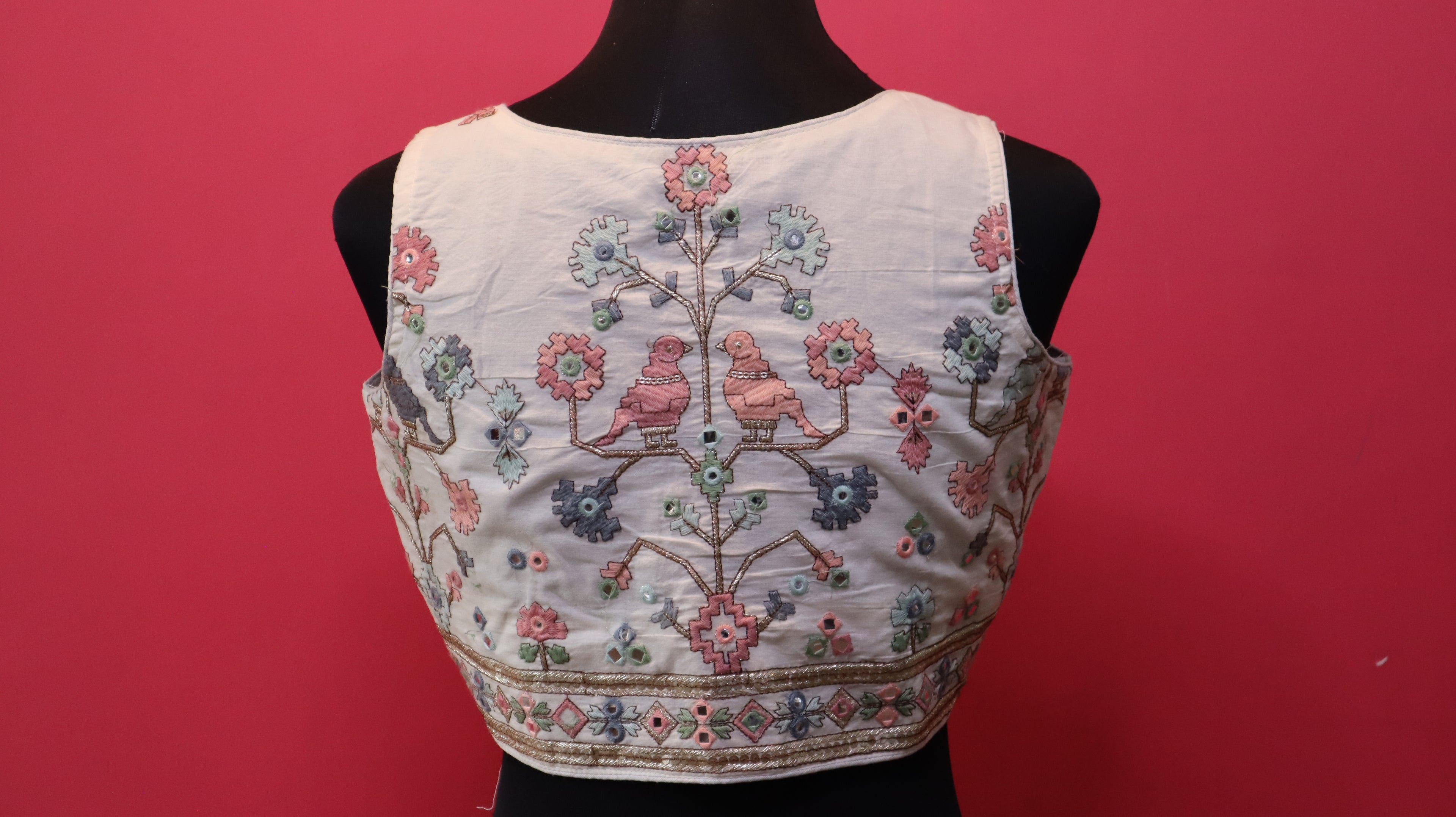 Women's Ivory Bird Embroidered Sleeveless Readymade Blouse