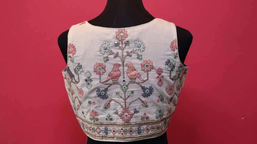 Women's Ivory Bird Embroidered Sleeveless Readymade Blouse