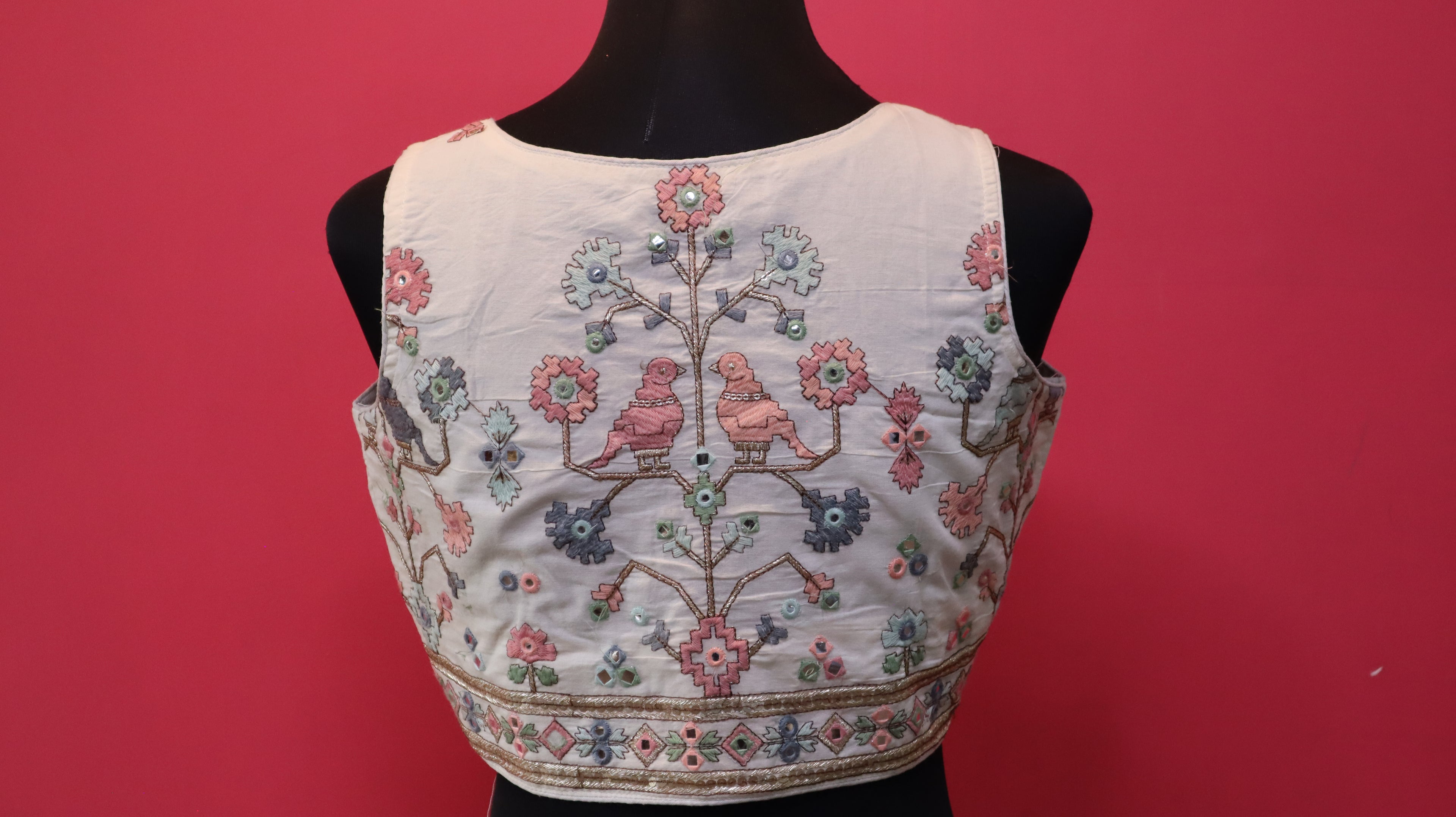 Women's Ivory Bird Embroidered Sleeveless Readymade Blouse