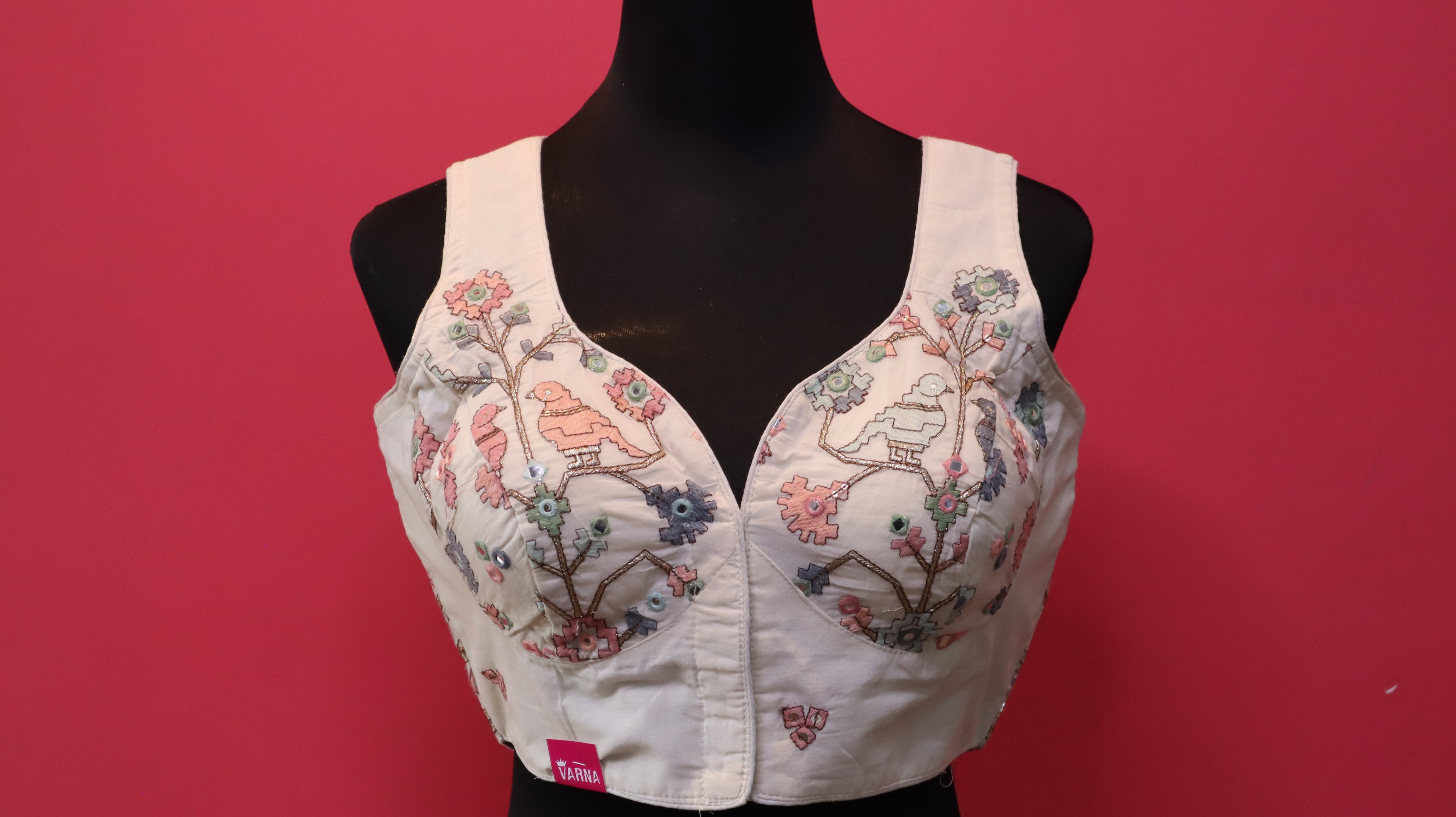 Women's Ivory Bird Embroidered Sleeveless Readymade Blouse