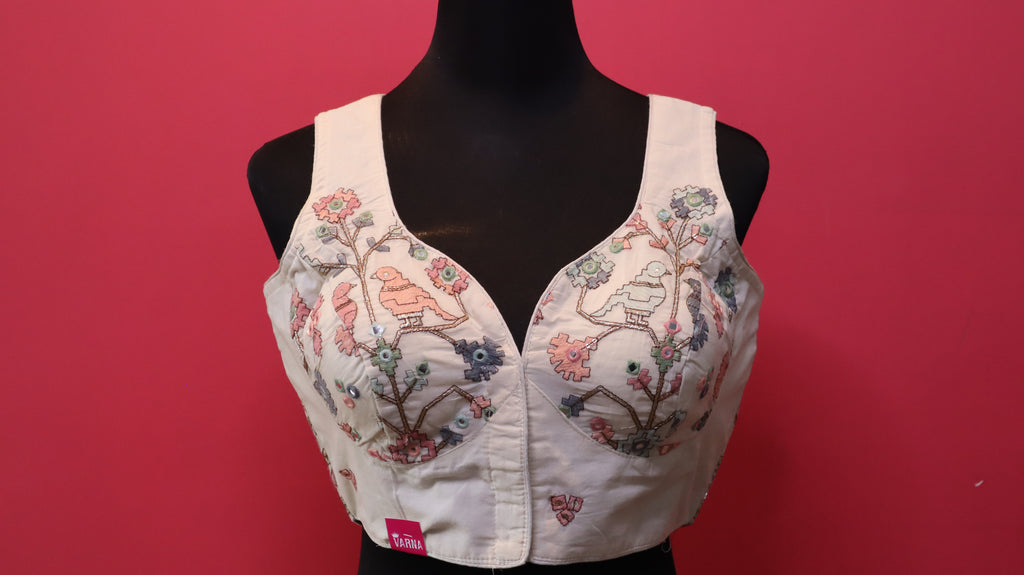 Women's Ivory Bird Embroidered Sleeveless Readymade Blouse
