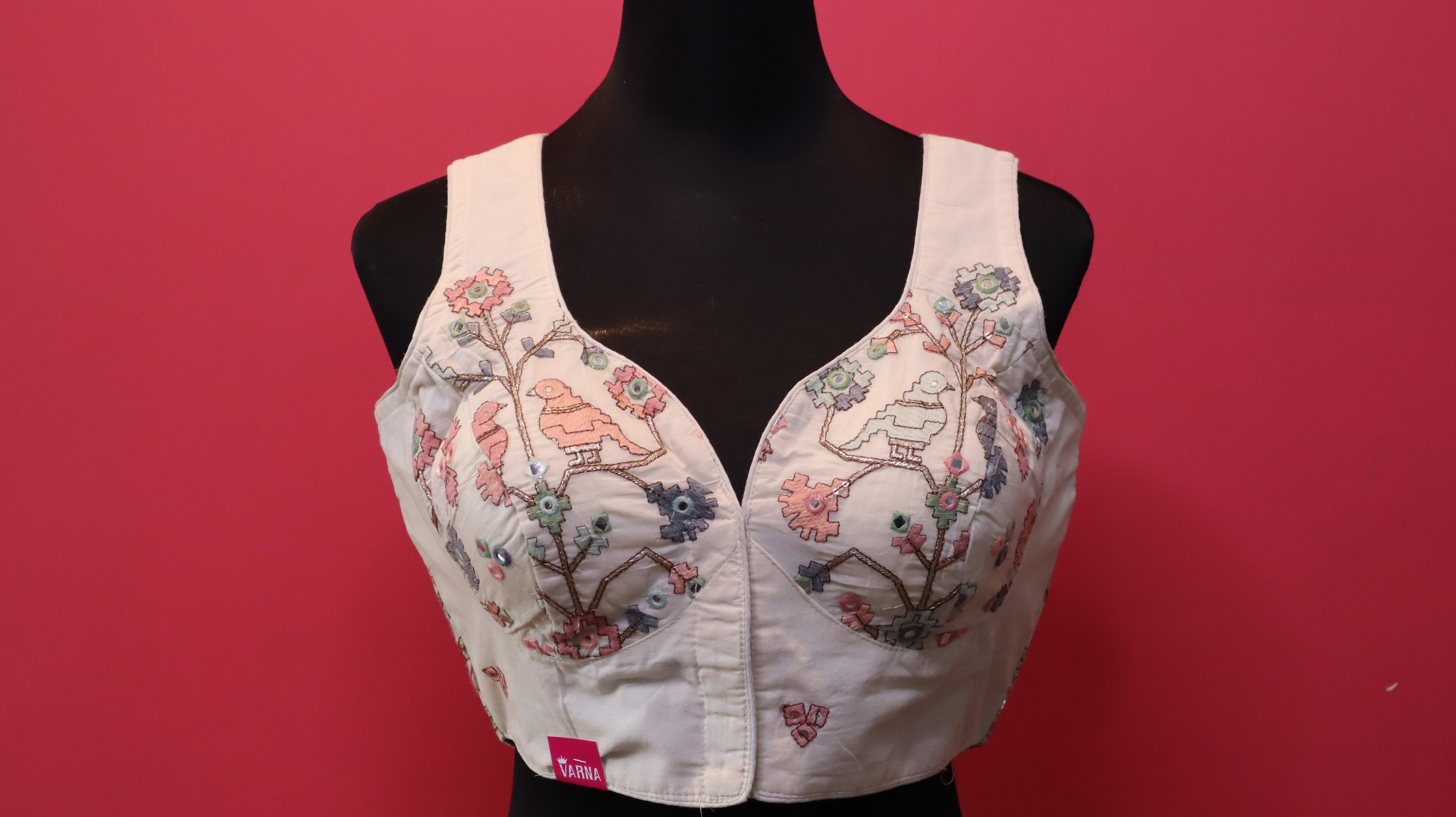 Women's Ivory Bird Embroidered Sleeveless Readymade Blouse