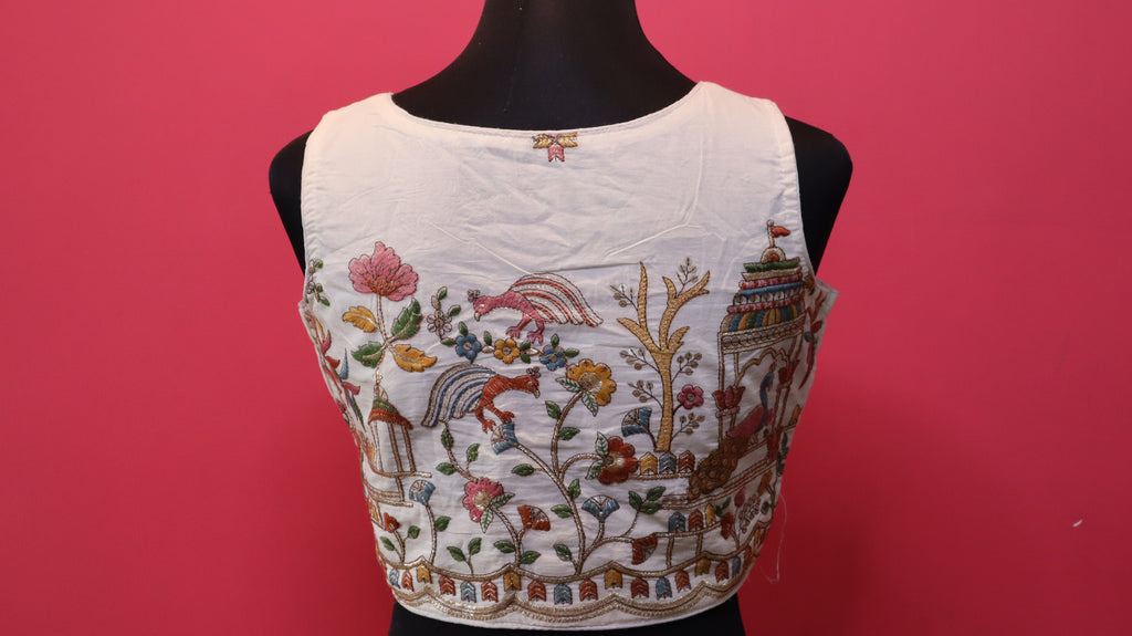 Women's Ivory Peacock Garden Embroidered Sleeveless Readymade Blouse
