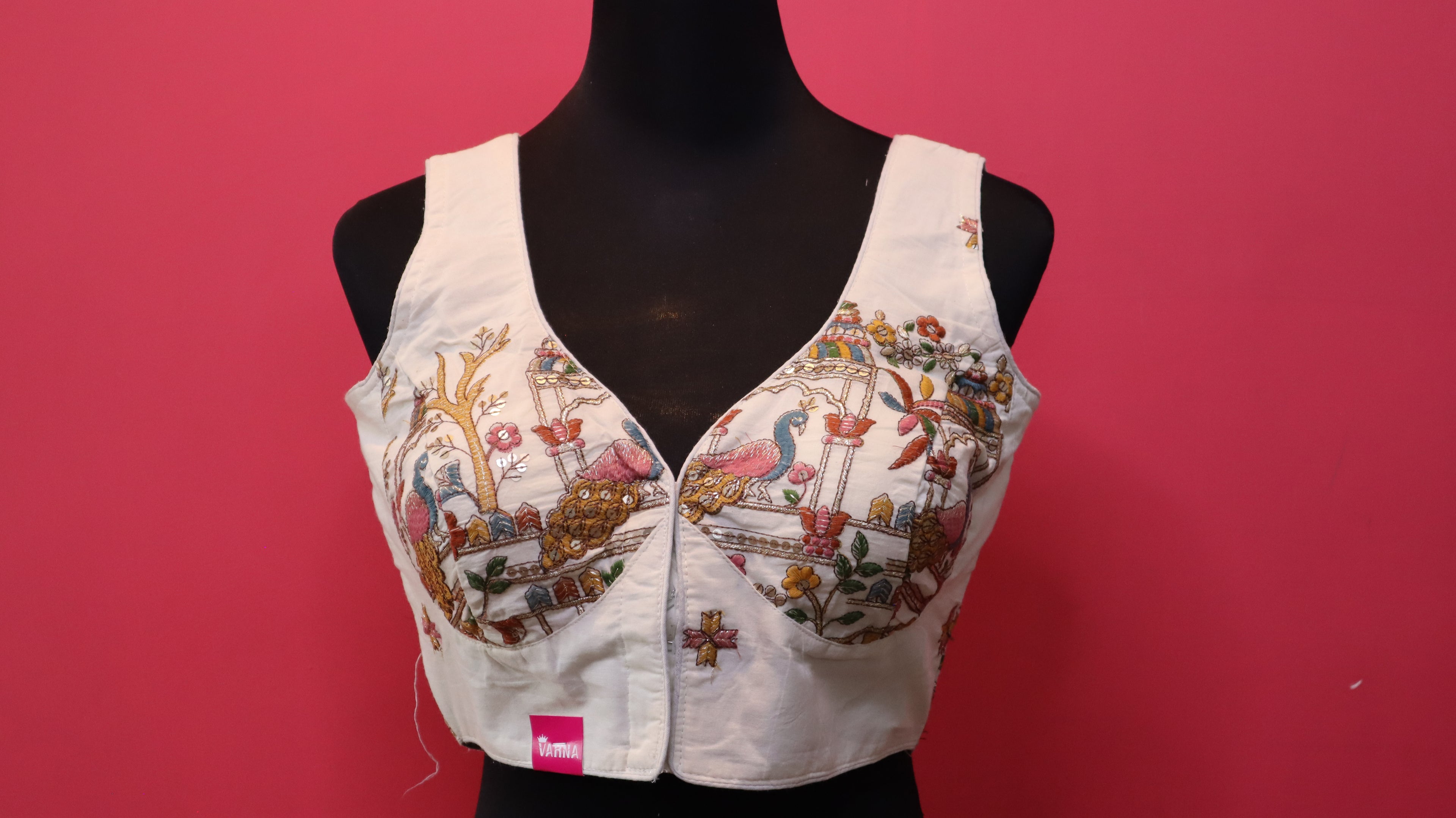 Women's Ivory Peacock Garden Embroidered Sleeveless Readymade Blouse