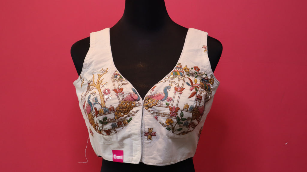 Women's Ivory Peacock Garden Embroidered Sleeveless Readymade Blouse