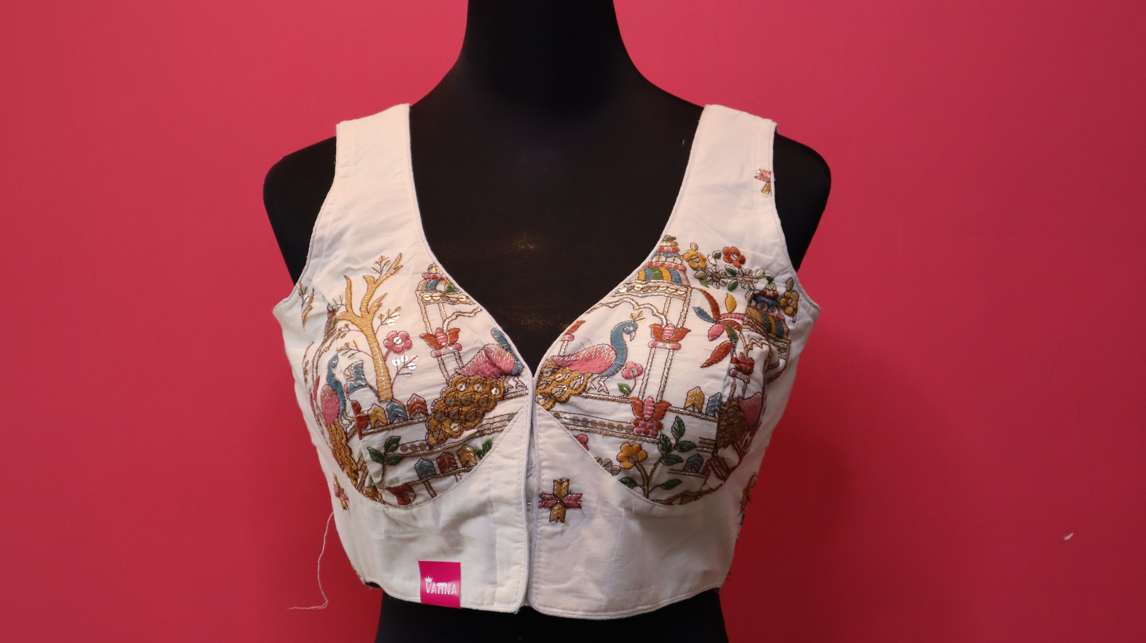 Women's Ivory Peacock Garden Embroidered Sleeveless Readymade Blouse