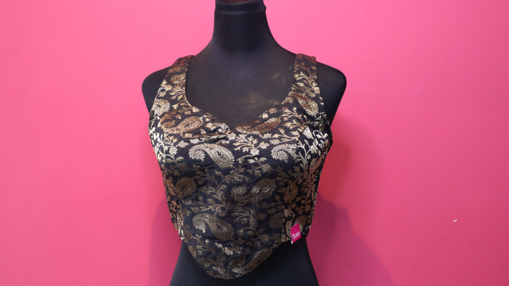 Women's Black & Gold Banarasi Brocade Sleeveless Readymade Blouse