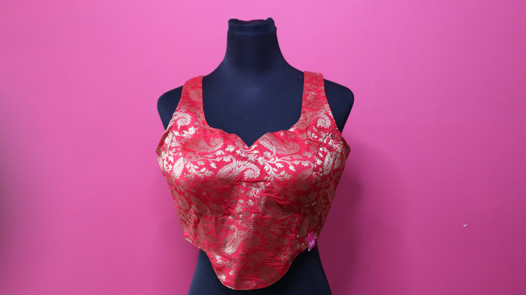 Women's Red & Gold Banarasi Brocade Sleeveless Readymade Blouse