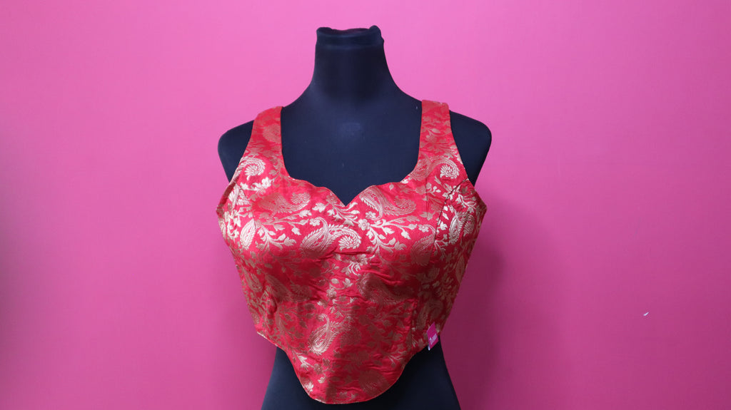 Women's Red & Gold Banarasi Brocade Sleeveless Readymade Blouse