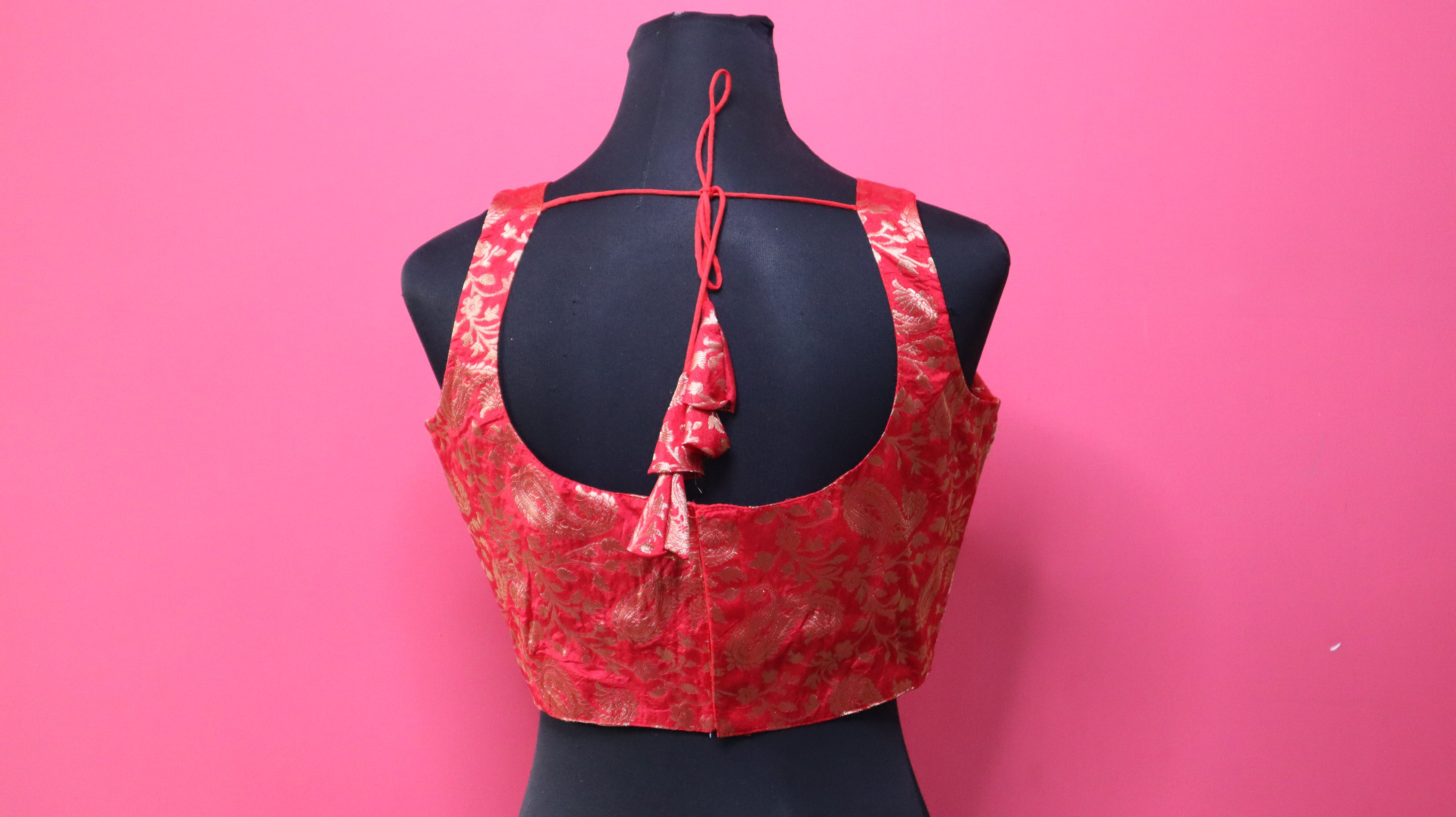 Women's Red & Gold Banarasi Brocade Sleeveless Readymade Blouse