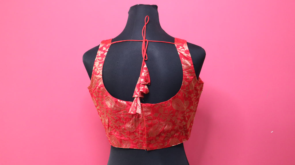 Women's Red & Gold Banarasi Brocade Sleeveless Readymade Blouse
