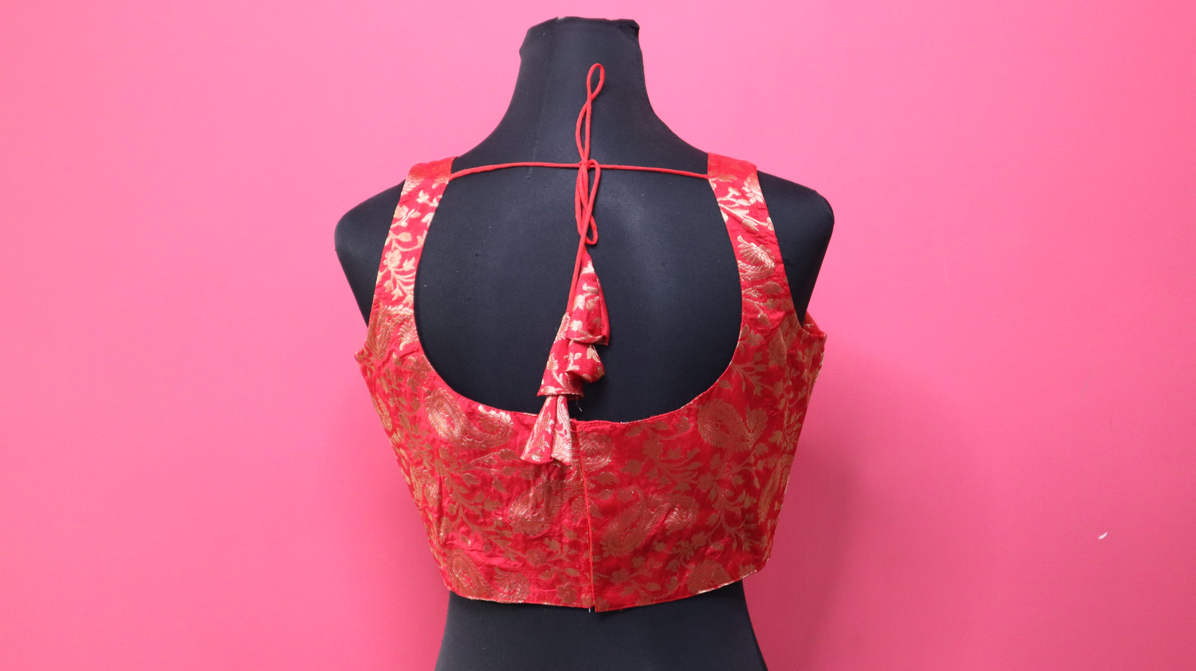 Women's Red & Gold Banarasi Brocade Sleeveless Readymade Blouse