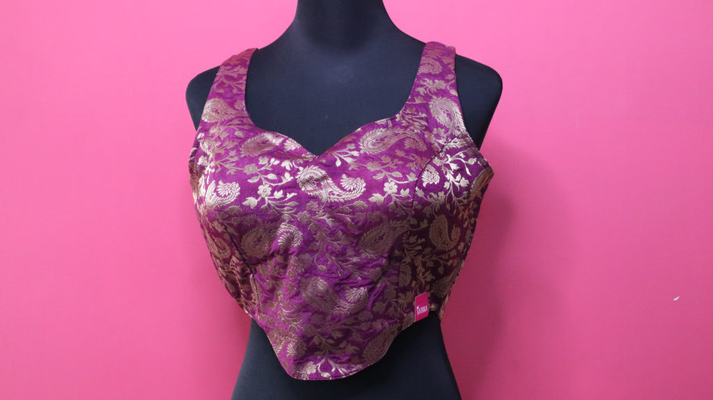 Women's Purple & Gold Banarasi Brocade Sleeveless Readymade Blouse