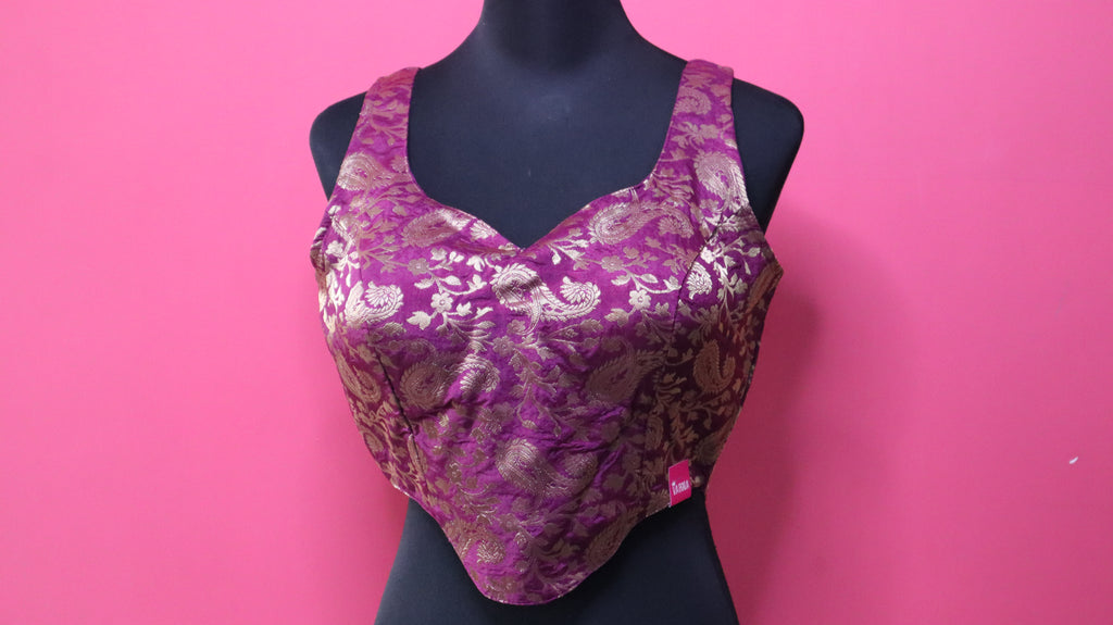Women's Purple & Gold Banarasi Brocade Sleeveless Readymade Blouse