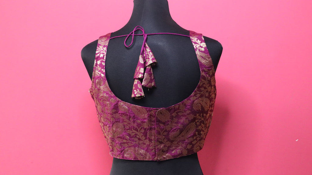 Women's Purple & Gold Banarasi Brocade Sleeveless Readymade Blouse