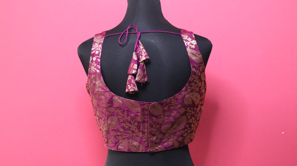 Women's Purple & Gold Banarasi Brocade Sleeveless Readymade Blouse