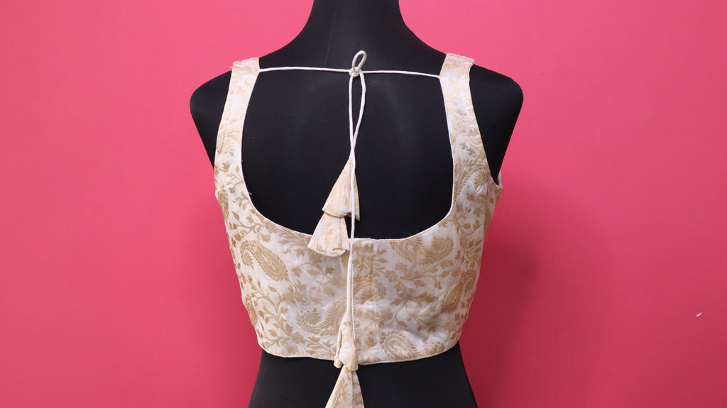 Women's Ivory Gold Banarasi Brocade Sleeveless Readymade Blouse